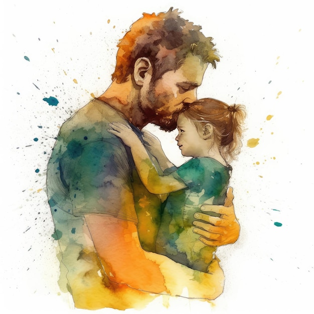 Illustration of a painting of a father and son using colorful watercolors with expressions