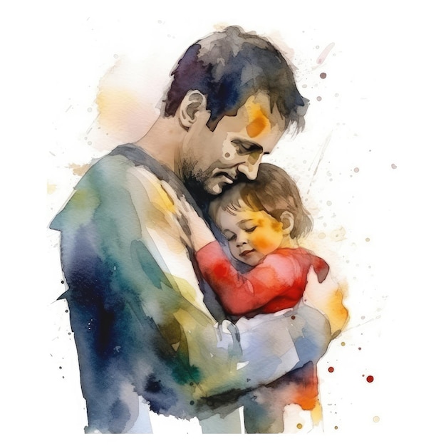 Illustration of a painting of a father and son using colorful watercolors with expressions