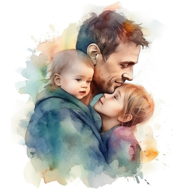 Illustration of a painting of a father and son using colorful watercolors with expressions