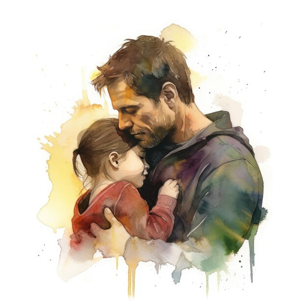 Illustration of a painting of a father and son using colorful watercolors with expressions