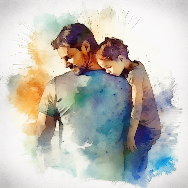 Illustration of a painting of a father and son using colorful watercolors with expressions