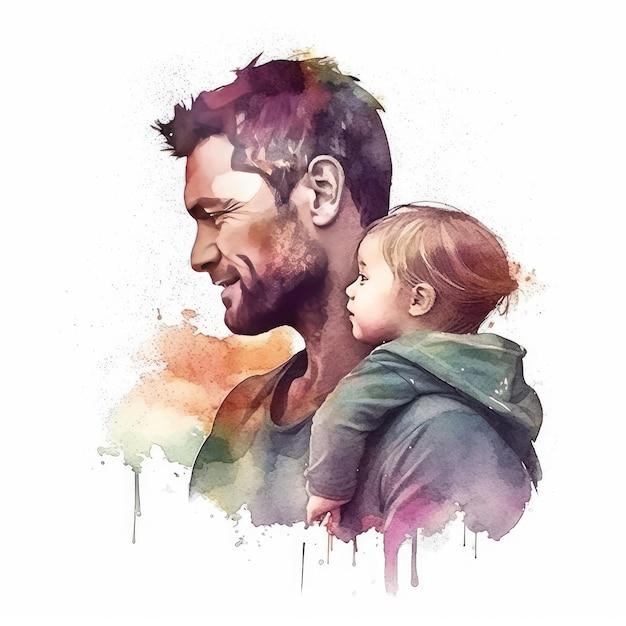 Illustration of a painting of a father and son using colorful watercolors with expressions