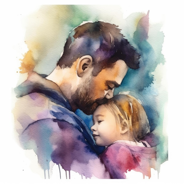 Illustration of a painting of a father and son using colorful watercolors with expressions