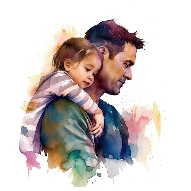 Illustration of a painting of a father and son using colorful watercolors with expressions