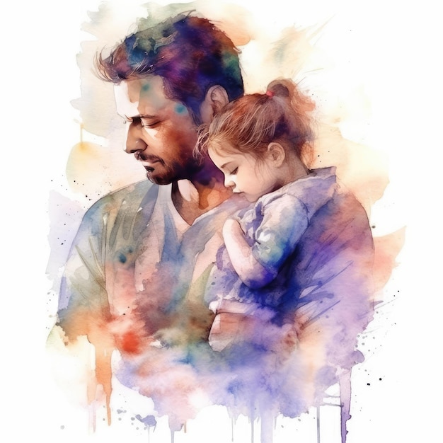 Illustration of a painting of a father and son using colorful watercolors with expressions