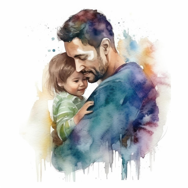 Illustration of a painting of a father and son using colorful watercolors with expressions