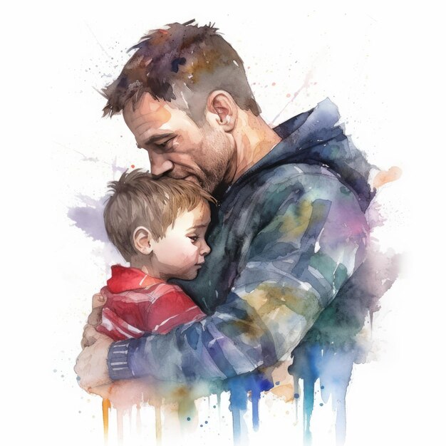 Illustration of a painting of a father and son using colorful watercolors with expressions