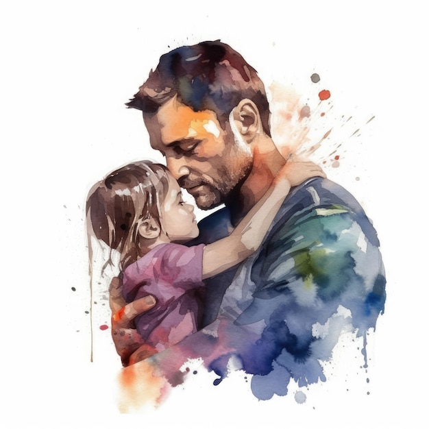 Illustration of a painting of a father and son using colorful watercolors with expressions