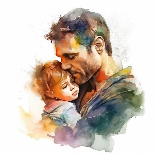 Illustration of a painting of a father and son using colorful watercolors with expressions