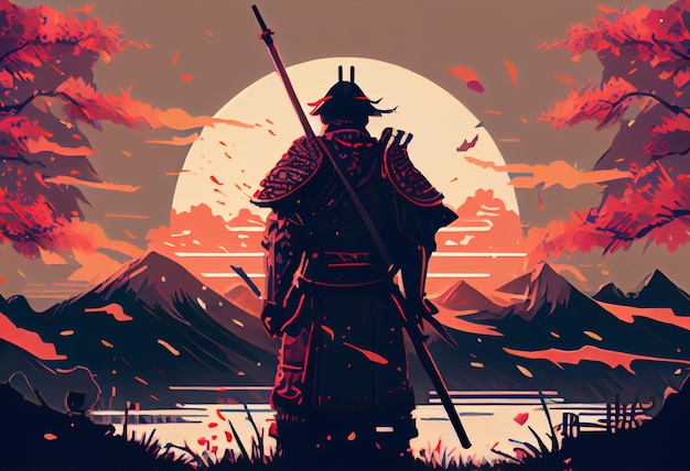 Illustration painting A samurai with a katana stands ready to fight against a huge army Generate Ai