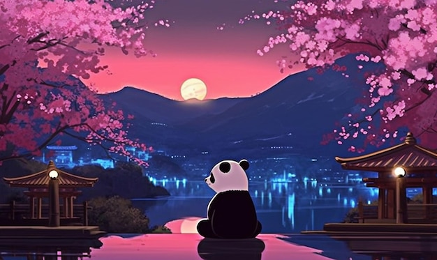 Illustration of panda sitting in a beautiful japanese river generative ai