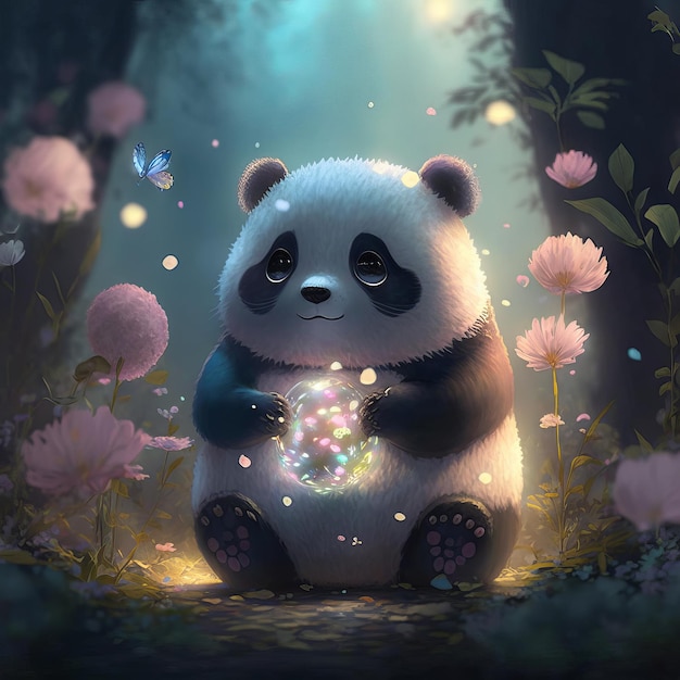 Illustration panda sitting with flowers children's style fairy tale Generative AIxAxA