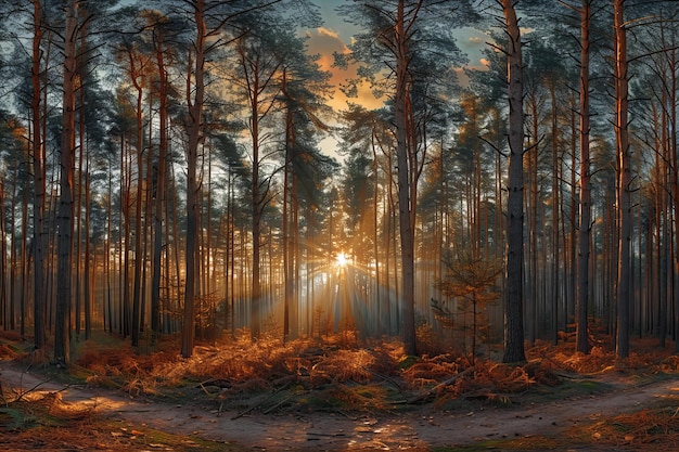 Illustration of panoramic photo of an incredible pine forest in germany sunlight filtering through