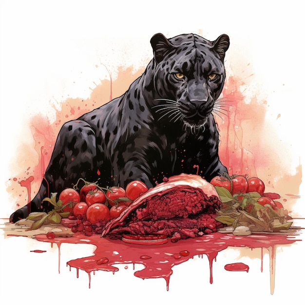 illustration of a panther eating meat