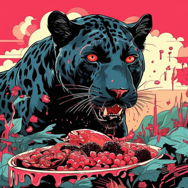 illustration of a panther eating meat