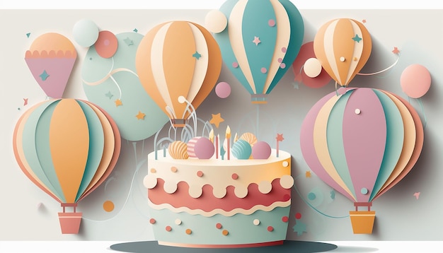 Illustration of Paper cut design with a birthday cake Generative AI