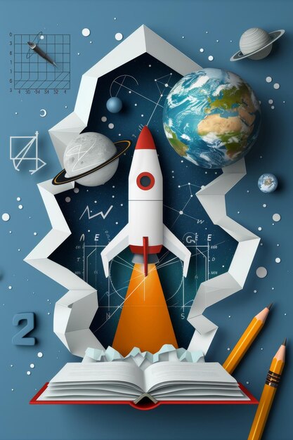 Photo an illustration of a papercraft rocket launching from an open book with planets and stars