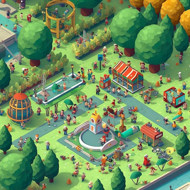 An illustration of a park with a large park and a fountain in the middle