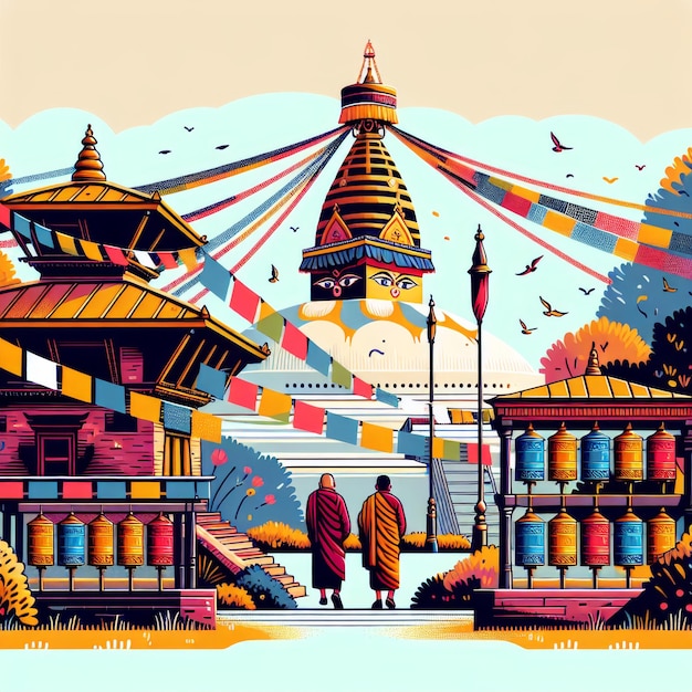 illustration of a peaceful courtyard within a Nepali temple featuring a Bodhi tree with fluttering