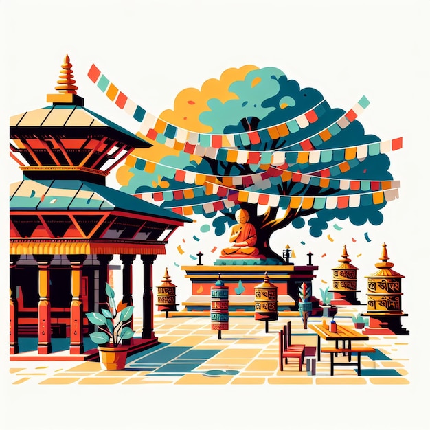 illustration of a peaceful courtyard within a Nepali temple featuring a Bodhi tree with fluttering