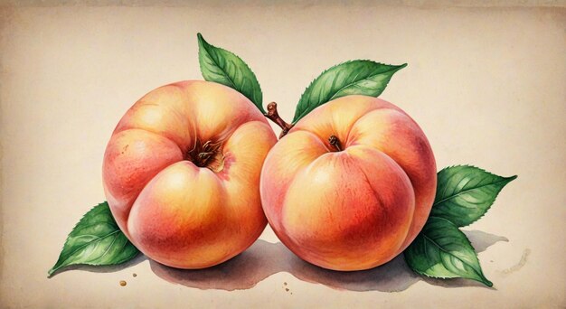 Photo an illustration of peaches with leaves and a leaf