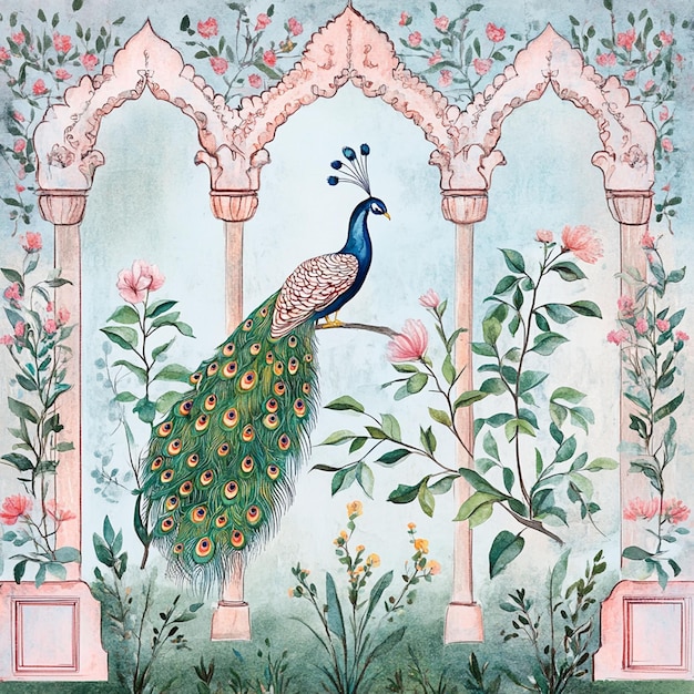 Illustration of peacock in traditional garden