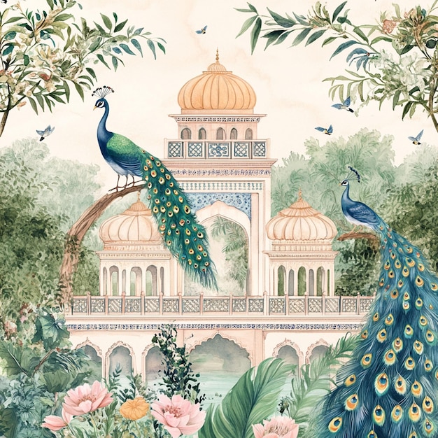 Illustration of peacock in traditional garden