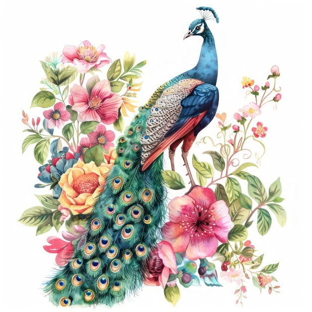 Illustration peacock watercolor art embroidery pattern