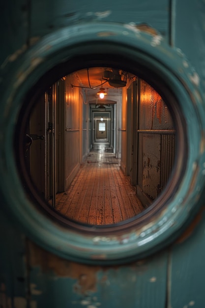 Illustration of a peephole lens on a door creating a wideangle view of the hallway from a narrow perspective