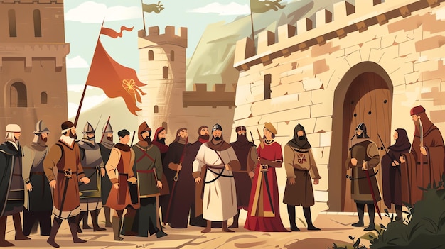 An illustration of people dressed in medieval clothing standing in front of a castle