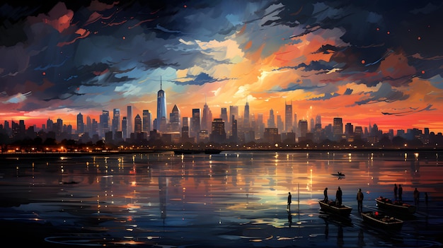 Illustration of people in the park with beautiful sky and cityscape