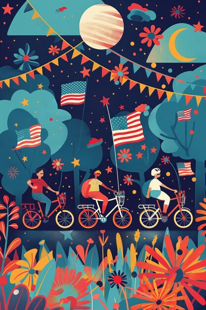 Illustration of people riding bicycles with American flags and streamers at night Minimalistic