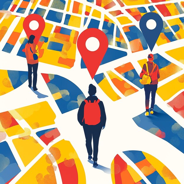 Photo illustration of people walking on a map with pin markers