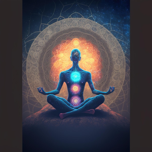 illustration of a person doing yoga spirituality with the universe Generative AI