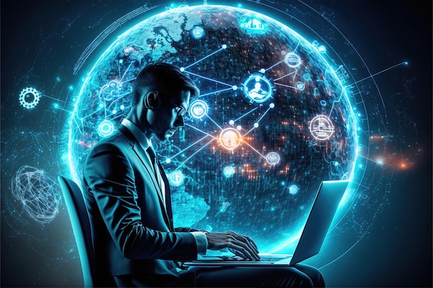 illustration of person in multiverse big data internet network connection technology Generative AI