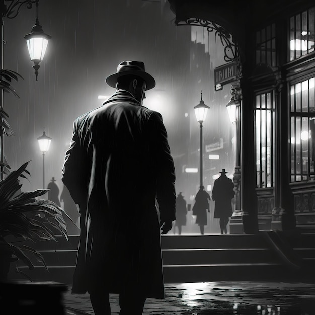 illustration of a person walking in a city 30s noire atmosphere generative ai