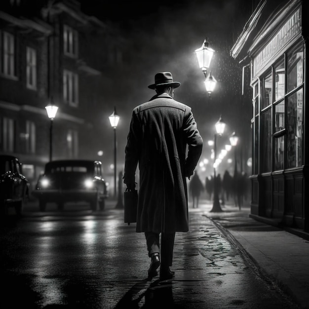 illustration of a person walking in a city 30s noire atmosphere generative ai