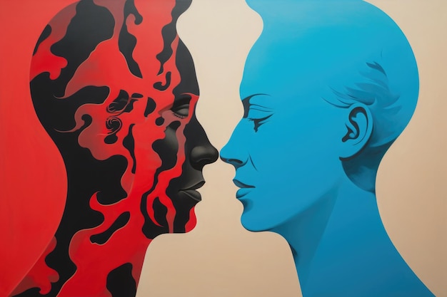 Illustration of person with mental problems Silhouettes of two strange people look at each other Bipolar disorder and depression