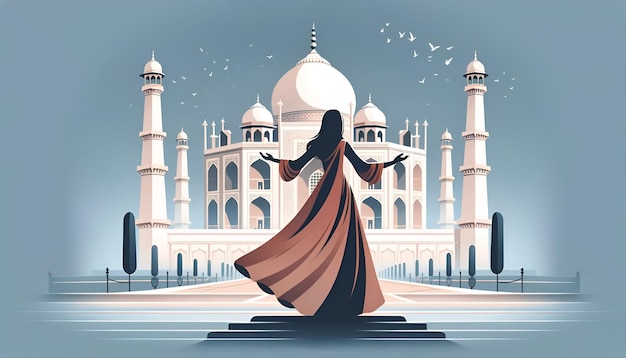 Illustration of a person with open arms standing in front of taj mahal