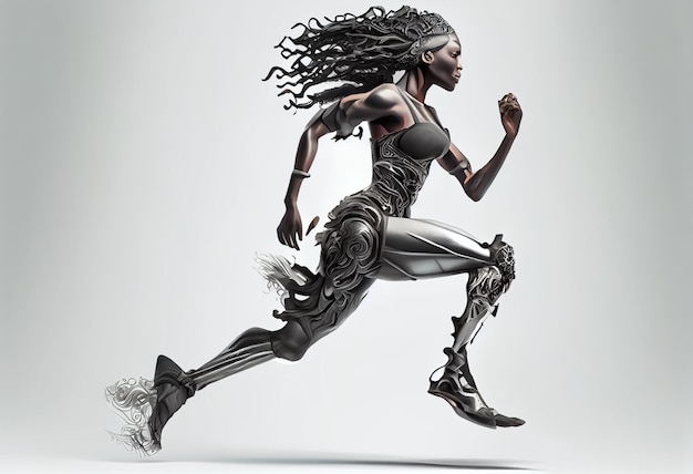 Illustration of person with prosthetic limb running and does not feel obstacles in path AI