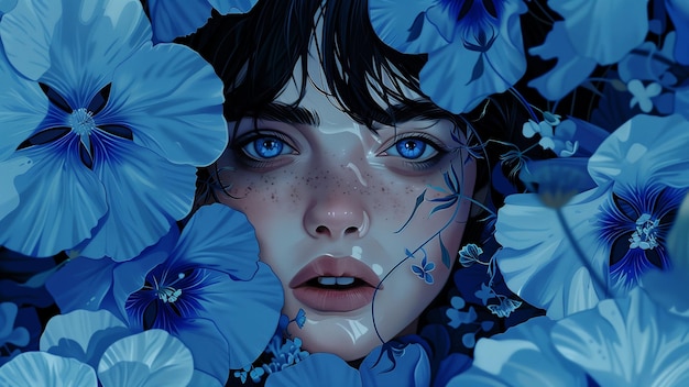 an illustration of a person with a youthful and feminine appearance surrounded by blue flowers