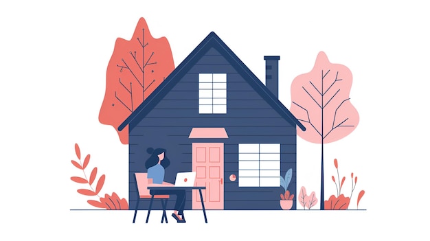 Photo illustration of a person working from home on a laptop with simple house vector art and pink backgro