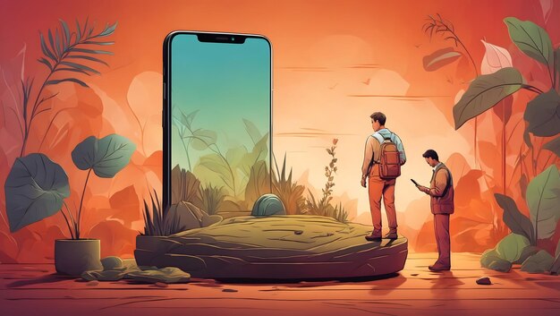 An illustration of a phone with a miniature man standing in front working