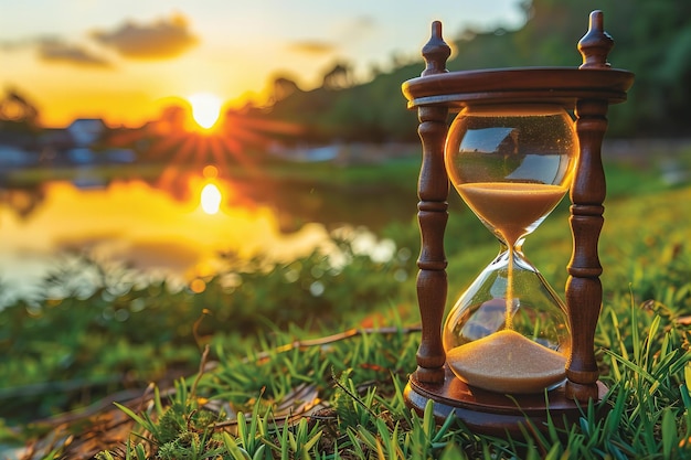 Illustration of photo of an hourglass with the sun setting in background symbolizing time passing