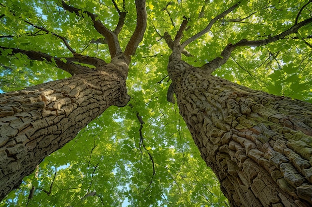 Photo illustration of photo of the view from below looking up at two trees with very wide canopies one a