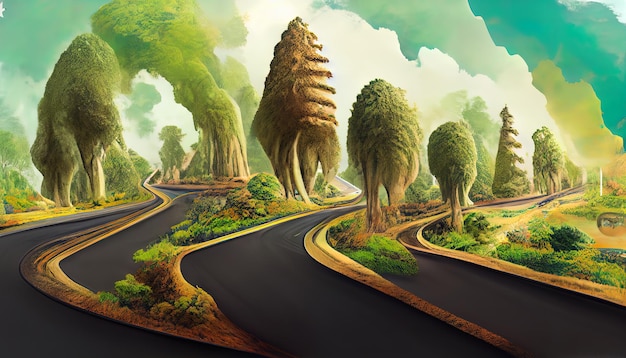 Illustration of piece of green highway road isolated creative travel and tourism offroad design trees