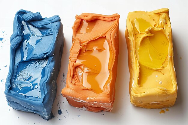 Illustration of pieces of playdough in blue orange and yellow colors on a white background