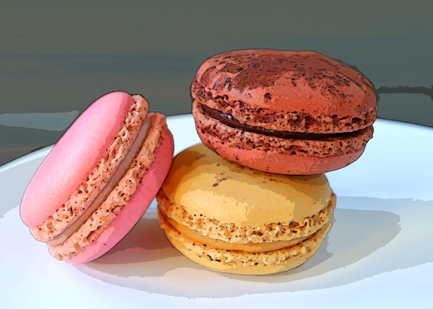 Illustration of Pile of Colorful Macaron Pastries on white Plate