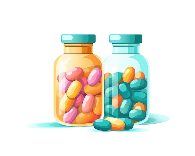 Illustration of pills with bottles on white background Healthcare and medicine concept Generative AI