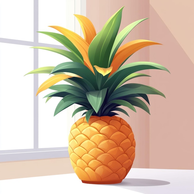 Photo illustration of a pineapple plant with green and yellow leaves in a pot